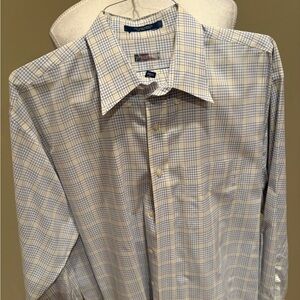 Overton Men's Checked Dress Shirt Cream & Blue Cotton XL Wrinkle Free